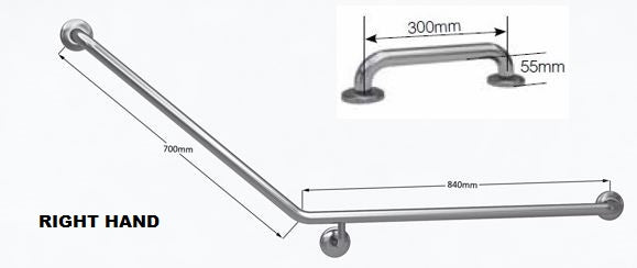 Type 133 - 32mm 40 Deg Combination WC Stainless Steel Grab Rail Set - Right Hand